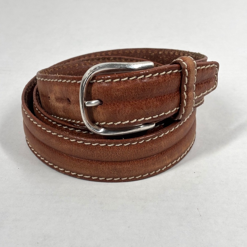 Brighton Mens 42 Leather Belt Brown Silver Buckle‎ Stitch Detail 21774 USA GUC